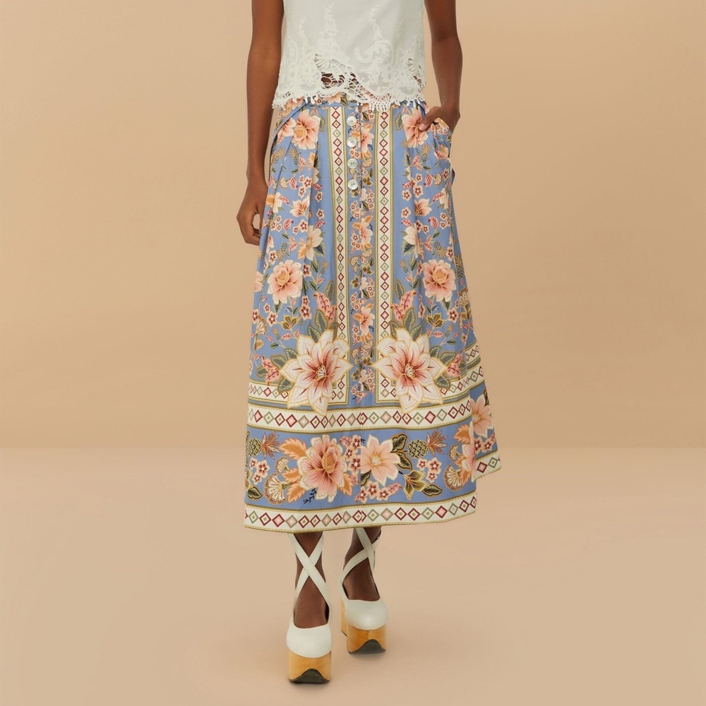FARM RIO Blue Superbloom Tapestry Buttoned Maxi Skirt